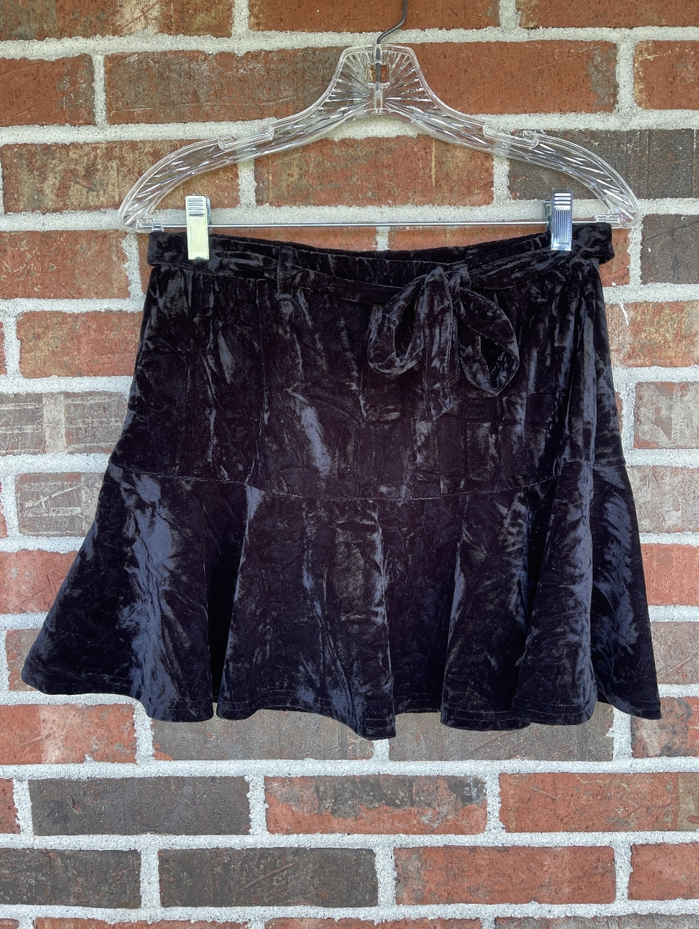 SO Black Crushed Velvet Tie-Waist Skater Skirt Size Medium